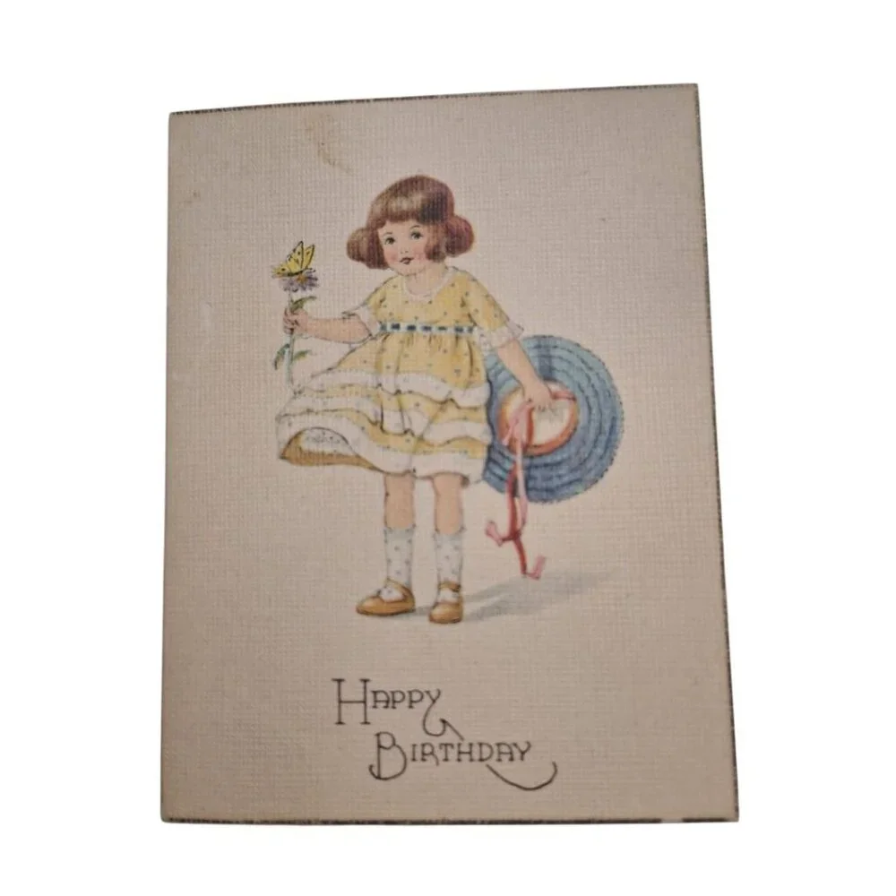Happy Birthday Card Small Vintage Shy Love‎ 3x4 1950s Blank Girl Flowers Dress